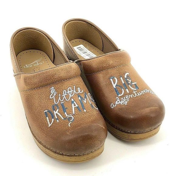 Dansko Twin Clogs Little Dreams Big Adventures Brown Leather Clogs 40 9.5 10